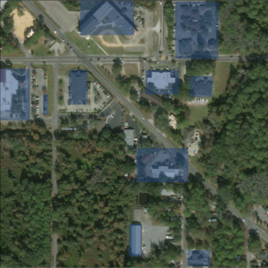 An aerial photo of buildings and trees
